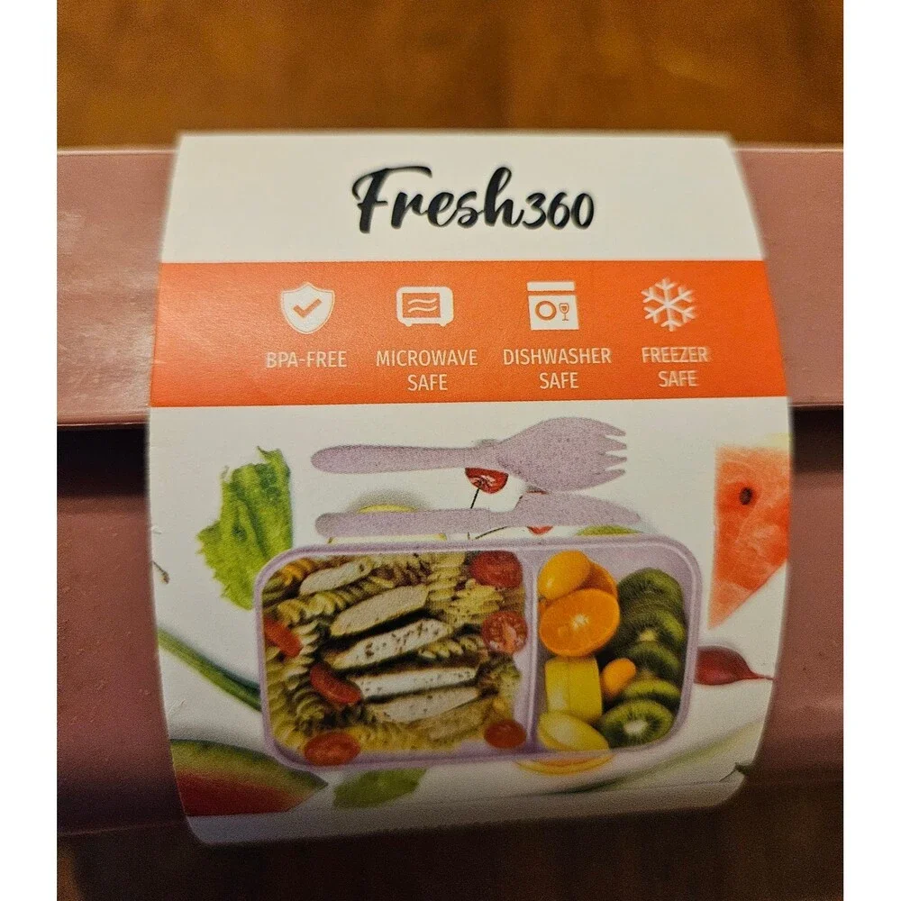 New Bento Box Fresh 360 Food Container Lunchbox 2 Compartment w/ Utensils To Go
